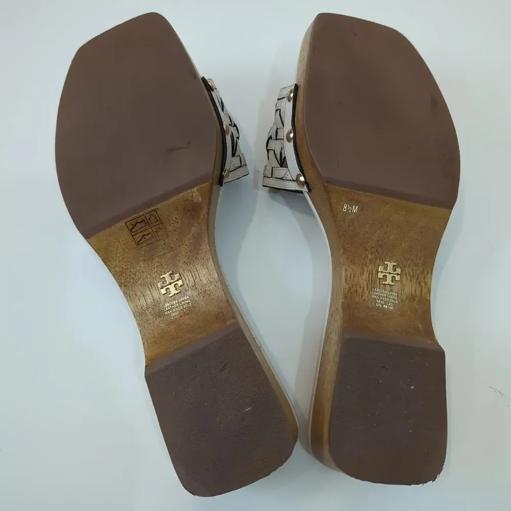 Tory Burch Basket Weave Clog In Almond Flour Cream 8.5 Women's Square Toe Sandal